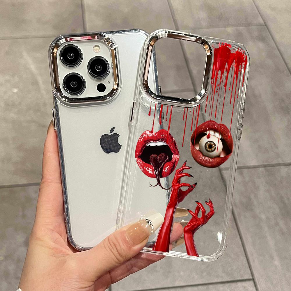 Phone Cases Metal - Red Mouth Pattern Metal Lens Frame